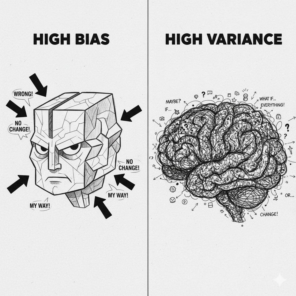 High bias vs high variance - left shows a rigid geometric head saying "MY WAY", right shows a chaotic scribbled brain with question marks everywhere