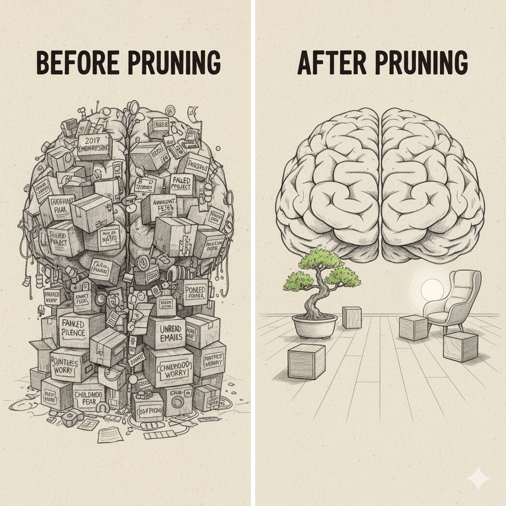 Before and after pruning - left shows a brain cluttered with boxes of worries and past failures, right shows a clean, organized brain in a peaceful minimalist room